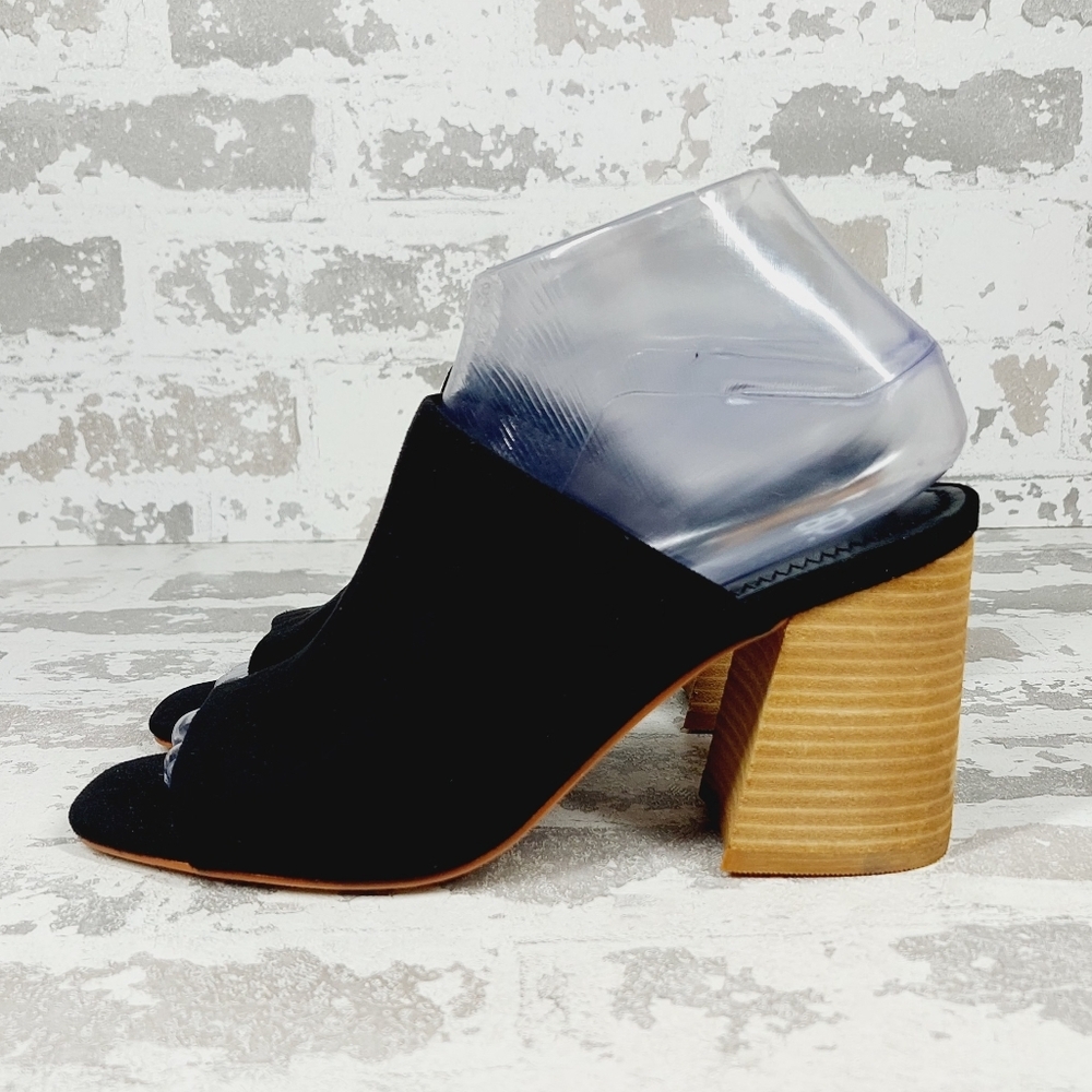 New Black Suede Block Heel Open Toe Mules